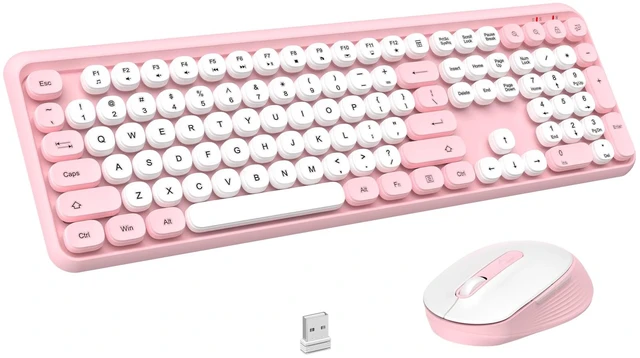 Main image of Retro Typewriter Wireless Keyboard and Mouse Combo, Cute Round Keys(Pink) | Full Size Round Keys Keyboard,Auto Sleep,Quiet Optical Mouse,Silent Clicks,2.4GHz Cordless Connection for Mac/Win/PC/Laptop
