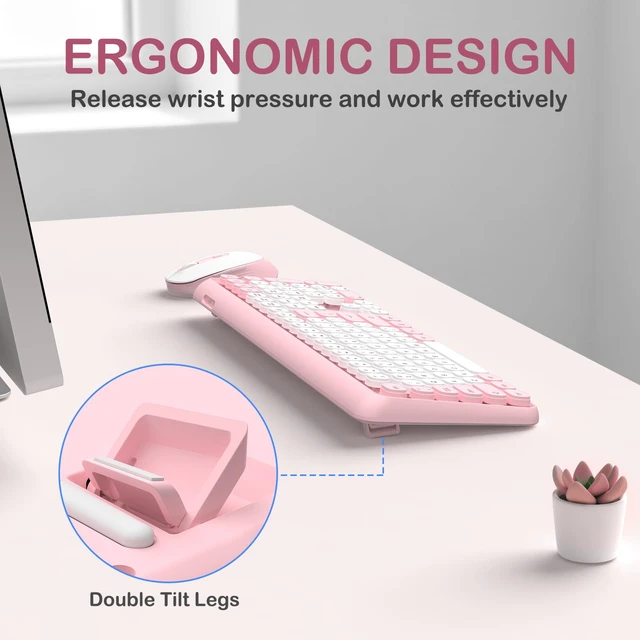 Alt view image 4 of 7 - Retro Typewriter Wireless Keyboard and Mouse Combo, Cute Round Keys(Pink) | Full Size Round Keys Keyboard,Auto Sleep,Quiet Optical Mouse,Silent Clicks,2.4GHz Cordless Connection for Mac/Win/PC/Laptop
