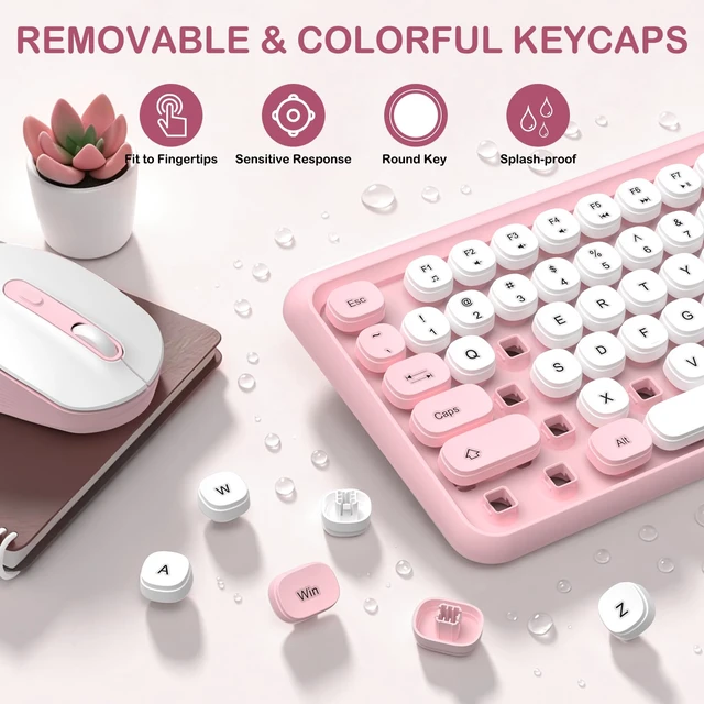 Alt view image 3 of 7 - Retro Typewriter Wireless Keyboard and Mouse Combo, Cute Round Keys(Pink) | Full Size Round Keys Keyboard,Auto Sleep,Quiet Optical Mouse,Silent Clicks,2.4GHz Cordless Connection for Mac/Win/PC/Laptop