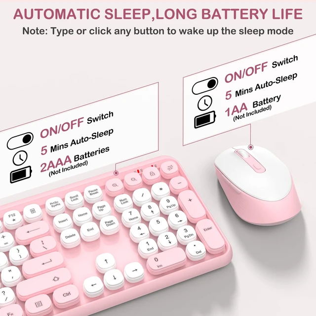 Alt view image 5 of 7 - Retro Typewriter Wireless Keyboard and Mouse Combo, Cute Round Keys(Pink) | Full Size Round Keys Keyboard,Auto Sleep,Quiet Optical Mouse,Silent Clicks,2.4GHz Cordless Connection for Mac/Win/PC/Laptop