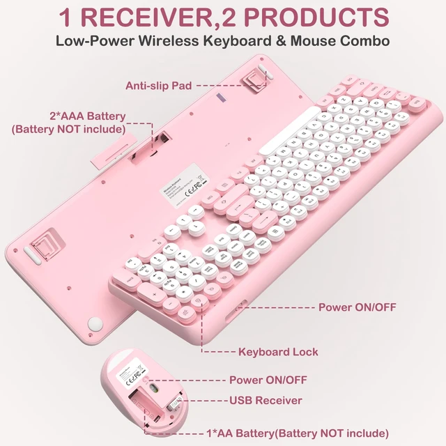 Alt view image 7 of 7 - Retro Typewriter Wireless Keyboard and Mouse Combo, Cute Round Keys(Pink) | Full Size Round Keys Keyboard,Auto Sleep,Quiet Optical Mouse,Silent Clicks,2.4GHz Cordless Connection for Mac/Win/PC/Laptop