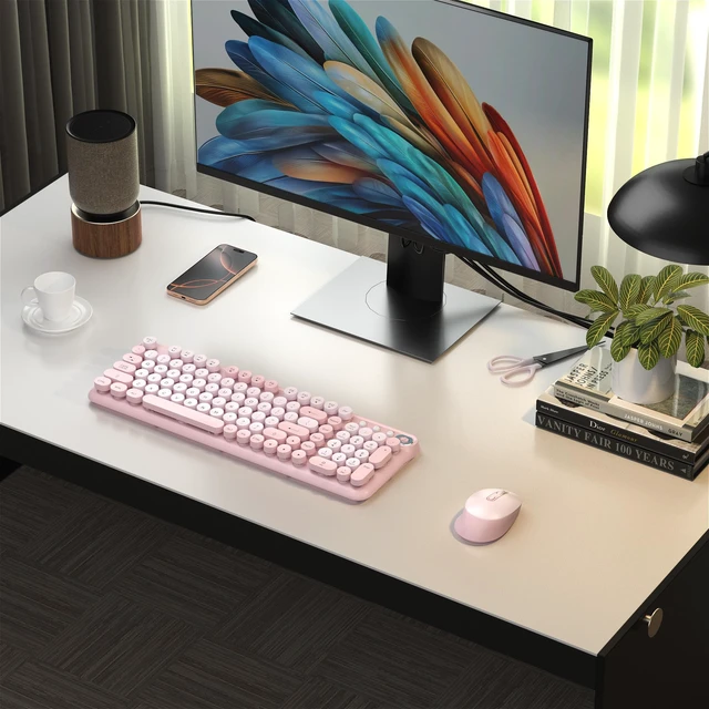 Alt view image 2 of 6 - Colorful Wireless Keyboard and Mouse Combo (Pink) | 2.4GHz Wireless, Floating Retro Round Keycaps, 104 Keys Full-Size Keyboard Mouse Set with Switch Button for PC Laptop Tablet
