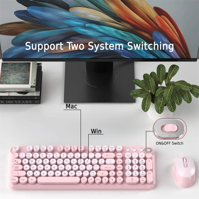 Alt view image 3 of 6 - Colorful Wireless Keyboard and Mouse Combo (Pink) | 2.4GHz Wireless, Floating Retro Round Keycaps, 104 Keys Full-Size Keyboard Mouse Set with Switch Button for PC Laptop Tablet