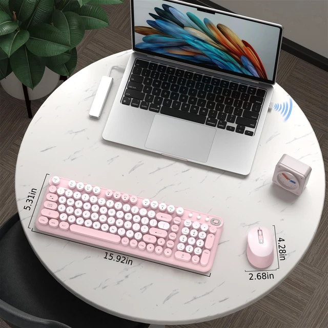 Alt view image 4 of 6 - Colorful Wireless Keyboard and Mouse Combo (Pink) | 2.4GHz Wireless, Floating Retro Round Keycaps, 104 Keys Full-Size Keyboard Mouse Set with Switch Button for PC Laptop Tablet