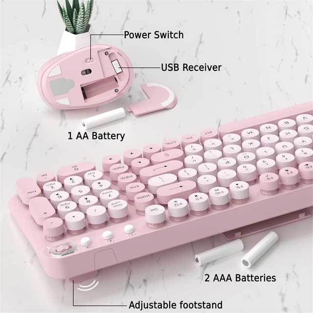 Alt view image 6 of 6 - Colorful Wireless Keyboard and Mouse Combo (Pink) | 2.4GHz Wireless, Floating Retro Round Keycaps, 104 Keys Full-Size Keyboard Mouse Set with Switch Button for PC Laptop Tablet