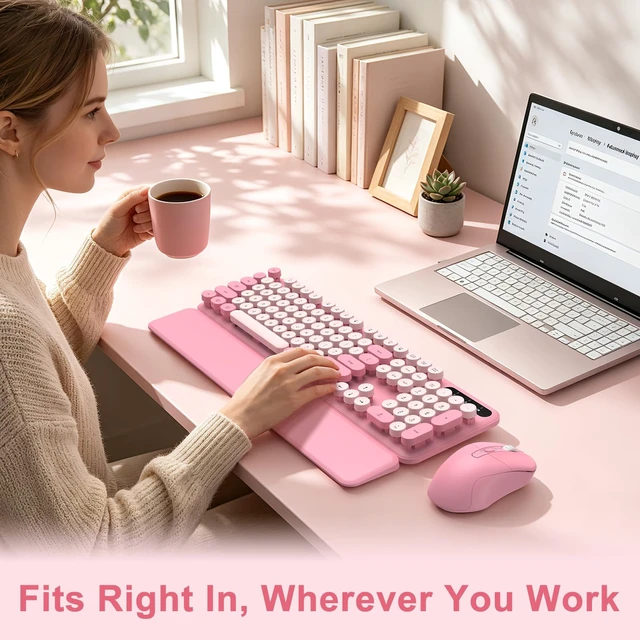 Alt view image 5 of 7 - Pink Wireless Keyboard and Mouse Combo, Magnetic Wrist Rest, Round Keycap | Ergonomic Cute Retro Typewriter Full-Size Keyboard Mouse with Number Pad, 2.4GHz Cordless USB for Windows, Mac, PC, Laptop
