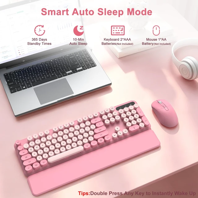Alt view image 7 of 7 - Pink Wireless Keyboard and Mouse Combo, Magnetic Wrist Rest, Round Keycap | Ergonomic Cute Retro Typewriter Full-Size Keyboard Mouse with Number Pad, 2.4GHz Cordless USB for Windows, Mac, PC, Laptop