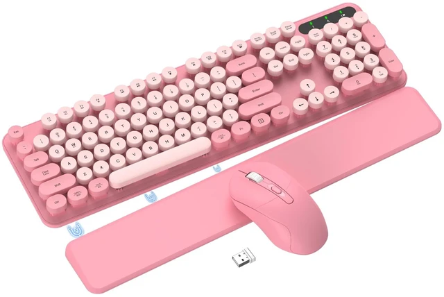 Main image of Pink Wireless Keyboard and Mouse Combo, Magnetic Wrist Rest, Round Keycap | Ergonomic Cute Retro Typewriter Full-Size Keyboard Mouse with Number Pad, 2.4GHz Cordless USB for Windows, Mac, PC, Laptop