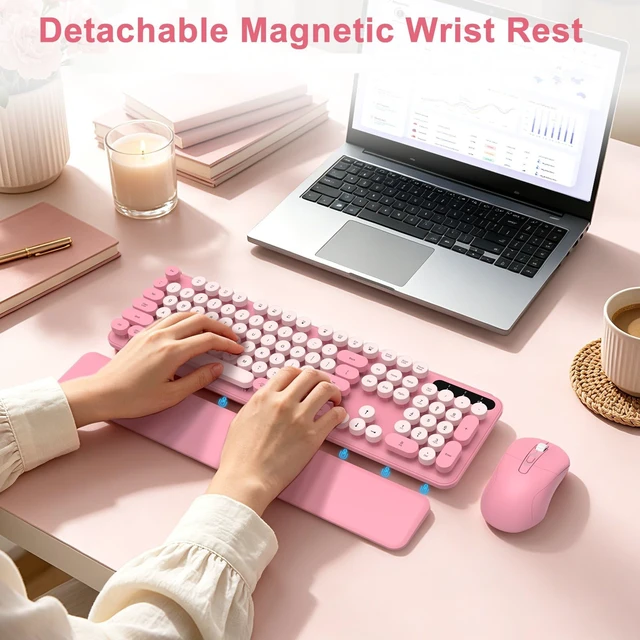 Alt view image 2 of 7 - Pink Wireless Keyboard and Mouse Combo, Magnetic Wrist Rest, Round Keycap | Ergonomic Cute Retro Typewriter Full-Size Keyboard Mouse with Number Pad, 2.4GHz Cordless USB for Windows, Mac, PC, Laptop