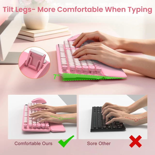 Alt view image 3 of 7 - Pink Wireless Keyboard and Mouse Combo, Magnetic Wrist Rest, Round Keycap | Ergonomic Cute Retro Typewriter Full-Size Keyboard Mouse with Number Pad, 2.4GHz Cordless USB for Windows, Mac, PC, Laptop