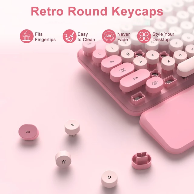 Alt view image 6 of 7 - Pink Wireless Keyboard and Mouse Combo, Magnetic Wrist Rest, Round Keycap | Ergonomic Cute Retro Typewriter Full-Size Keyboard Mouse with Number Pad, 2.4GHz Cordless USB for Windows, Mac, PC, Laptop