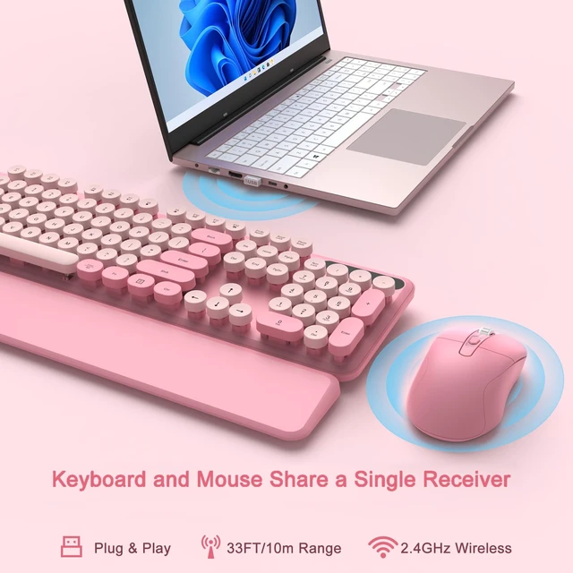 Alt view image 4 of 7 - Pink Wireless Keyboard and Mouse Combo, Magnetic Wrist Rest, Round Keycap | Ergonomic Cute Retro Typewriter Full-Size Keyboard Mouse with Number Pad, 2.4GHz Cordless USB for Windows, Mac, PC, Laptop