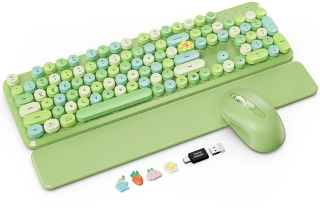 Main image of Wireless Keyboard Mouse Combo, Green, Round Keycaps, Magnetic Wrist Rest | Full-size typewriter-style keyboard, 3 DPI mouse, auto sleep, 2.4GHz for Mac Windows PC laptop - sage green mix