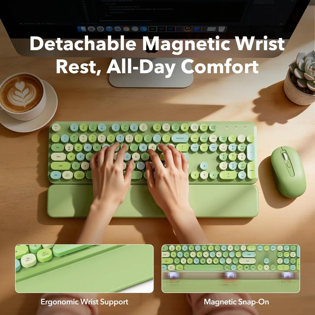 Alt view image 2 of 7 - Wireless Keyboard Mouse Combo, Green, Round Keycaps, Magnetic Wrist Rest | Full-size typewriter-style keyboard, 3 DPI mouse, auto sleep, 2.4GHz for Mac Windows PC laptop - sage green mix