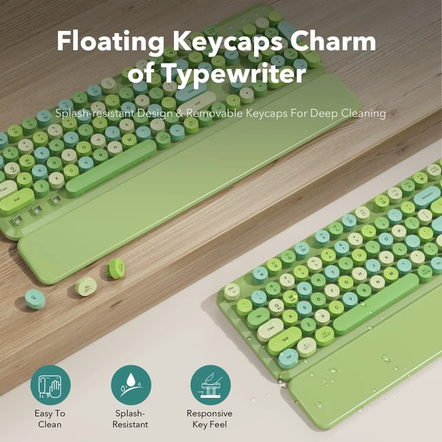 Alt view image 3 of 7 - Wireless Keyboard Mouse Combo, Green, Round Keycaps, Magnetic Wrist Rest | Full-size typewriter-style keyboard, 3 DPI mouse, auto sleep, 2.4GHz for Mac Windows PC laptop - sage green mix