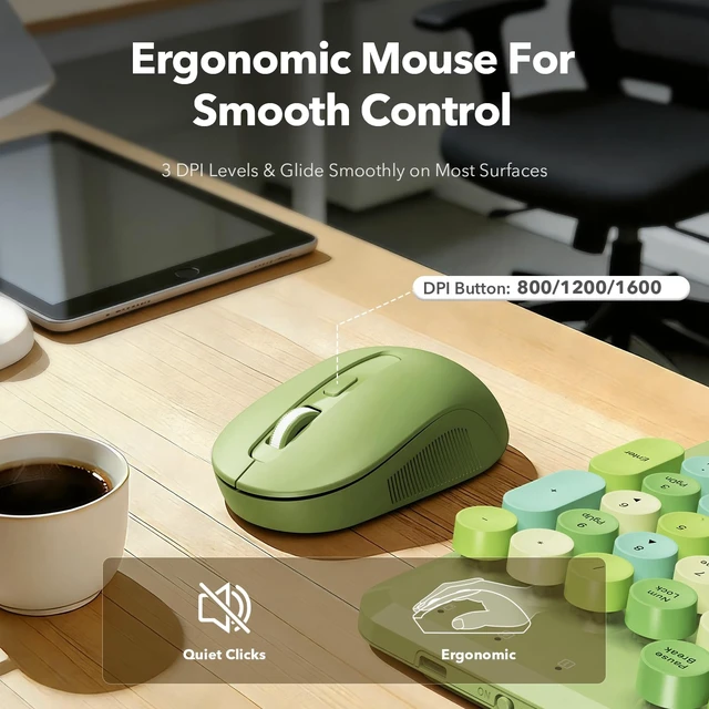 Alt view image 6 of 7 - Wireless Keyboard Mouse Combo, Green, Round Keycaps, Magnetic Wrist Rest | Full-size typewriter-style keyboard, 3 DPI mouse, auto sleep, 2.4GHz for Mac Windows PC laptop - sage green mix