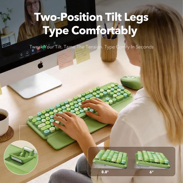 Alt view image 4 of 7 - Wireless Keyboard Mouse Combo, Green, Round Keycaps, Magnetic Wrist Rest | Full-size typewriter-style keyboard, 3 DPI mouse, auto sleep, 2.4GHz for Mac Windows PC laptop - sage green mix