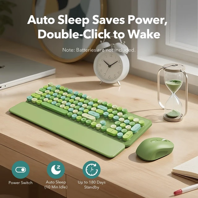 Alt view image 5 of 7 - Wireless Keyboard Mouse Combo, Green, Round Keycaps, Magnetic Wrist Rest | Full-size typewriter-style keyboard, 3 DPI mouse, auto sleep, 2.4GHz for Mac Windows PC laptop - sage green mix