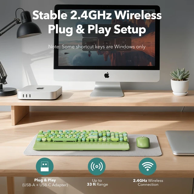 Alt view image 7 of 7 - Wireless Keyboard Mouse Combo, Green, Round Keycaps, Magnetic Wrist Rest | Full-size typewriter-style keyboard, 3 DPI mouse, auto sleep, 2.4GHz for Mac Windows PC laptop - sage green mix