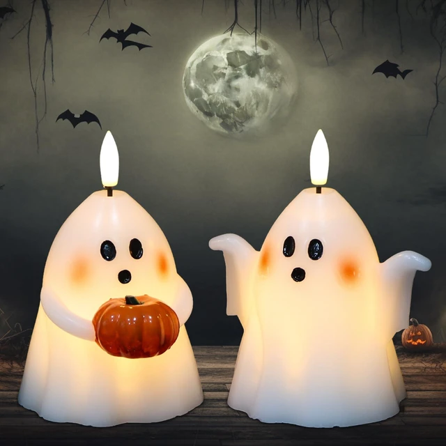 Main image of Halloween Ghost Flameless Candles with Timer Hand-Painted Pumpkin | Battery Operated LED Flickering, Real Wax Long Lasting Ghost Lights, Spooky Cute Halloween Indoor Decor, 3.5"D x 5"H, 2 Pack