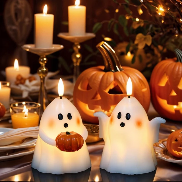 Alt view image 4 of 7 - Halloween Ghost Flameless Candles with Timer Hand-Painted Pumpkin | Battery Operated LED Flickering, Real Wax Long Lasting Ghost Lights, Spooky Cute Halloween Indoor Decor, 3.5"D x 5"H, 2 Pack