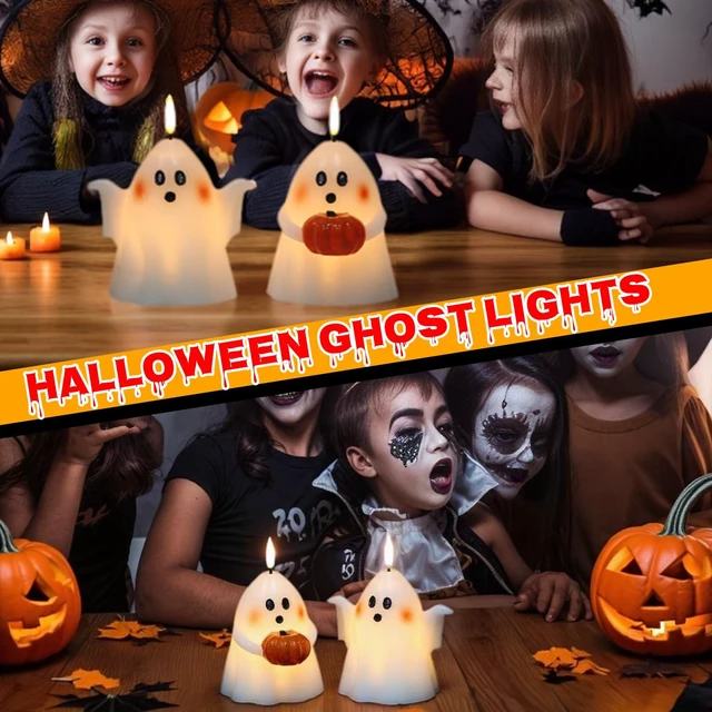 Alt view image 5 of 7 - Halloween Ghost Flameless Candles with Timer Hand-Painted Pumpkin | Battery Operated LED Flickering, Real Wax Long Lasting Ghost Lights, Spooky Cute Halloween Indoor Decor, 3.5"D x 5"H, 2 Pack