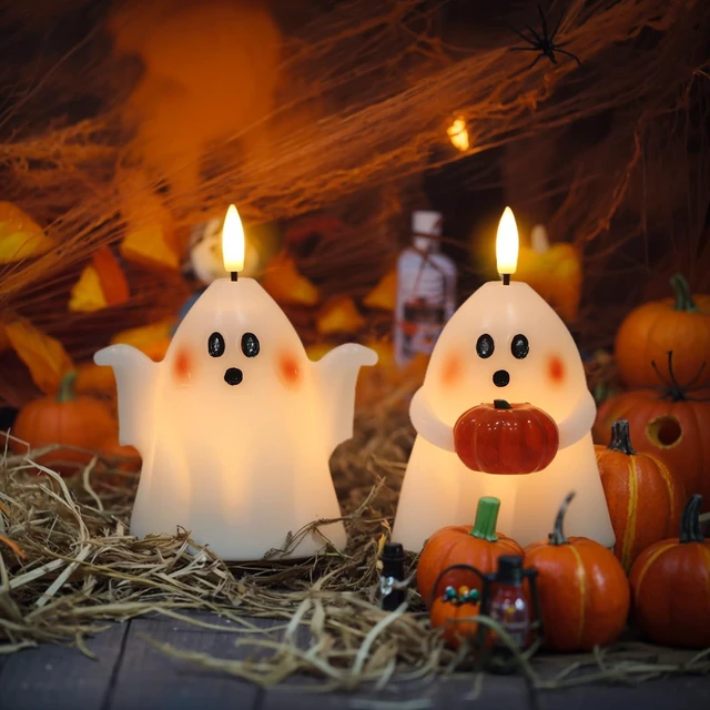 Alt view image 3 of 7 - Halloween Ghost Flameless Candles with Timer Hand-Painted Pumpkin | Battery Operated LED Flickering, Real Wax Long Lasting Ghost Lights, Spooky Cute Halloween Indoor Decor, 3.5"D x 5"H, 2 Pack