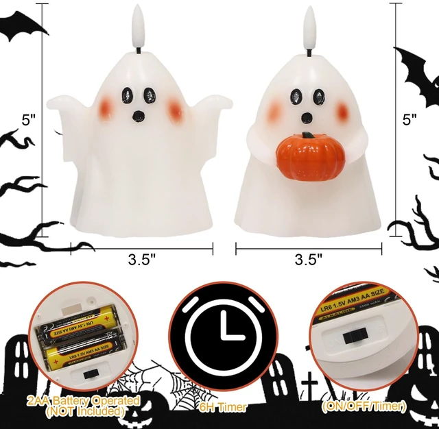 Alt view image 2 of 7 - Halloween Ghost Flameless Candles with Timer Hand-Painted Pumpkin | Battery Operated LED Flickering, Real Wax Long Lasting Ghost Lights, Spooky Cute Halloween Indoor Decor, 3.5"D x 5"H, 2 Pack