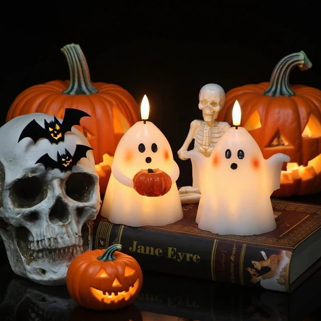 Alt view image 6 of 7 - Halloween Ghost Flameless Candles with Timer Hand-Painted Pumpkin | Battery Operated LED Flickering, Real Wax Long Lasting Ghost Lights, Spooky Cute Halloween Indoor Decor, 3.5"D x 5"H, 2 Pack