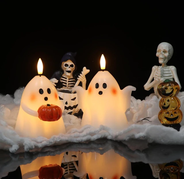 Alt view image 7 of 7 - Halloween Ghost Flameless Candles with Timer Hand-Painted Pumpkin | Battery Operated LED Flickering, Real Wax Long Lasting Ghost Lights, Spooky Cute Halloween Indoor Decor, 3.5"D x 5"H, 2 Pack