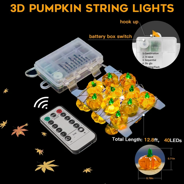 Alt view image 3 of 7 - 12.8ft 40 LED Halloween Pumpkin Lights Battery Operated Timer | 3D Pumpkin Lights String With Remote, 8 Modes Fall Decorations for Indoor, Party, Harvest, Thanksgiving