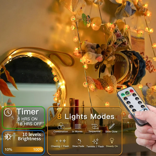 Alt view image 4 of 7 - 12.8ft 40 LED Halloween Pumpkin Lights Battery Operated Timer | 3D Pumpkin Lights String With Remote, 8 Modes Fall Decorations for Indoor, Party, Harvest, Thanksgiving