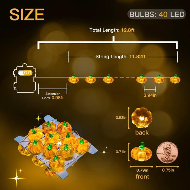 Alt view image 6 of 7 - 12.8ft 40 LED Halloween Pumpkin Lights Battery Operated Timer | 3D Pumpkin Lights String With Remote, 8 Modes Fall Decorations for Indoor, Party, Harvest, Thanksgiving