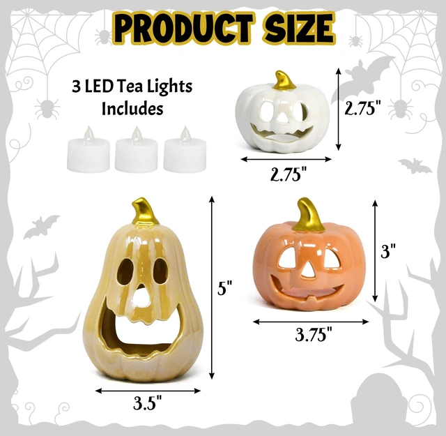 Alt view image 2 of 7 - 3 Halloween Ceramic Pumpkin Tea Light Holders Jack O Lantern Tabletop Decor | Set of 3 ceramic jack o lantern pumpkin candle holders with 3 LED tea lights for Halloween tabletop, shelf and party decor