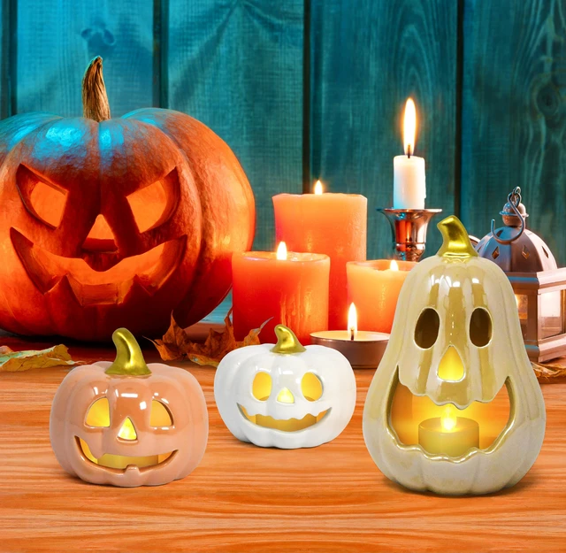 Alt view image 4 of 7 - 3 Halloween Ceramic Pumpkin Tea Light Holders Jack O Lantern Tabletop Decor | Set of 3 ceramic jack o lantern pumpkin candle holders with 3 LED tea lights for Halloween tabletop, shelf and party decor