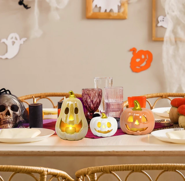 Alt view image 5 of 7 - 3 Halloween Ceramic Pumpkin Tea Light Holders Jack O Lantern Tabletop Decor | Set of 3 ceramic jack o lantern pumpkin candle holders with 3 LED tea lights for Halloween tabletop, shelf and party decor