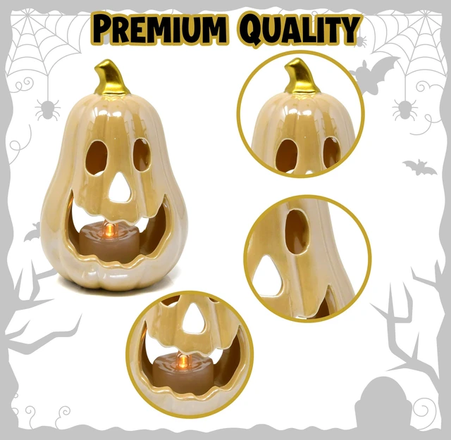 Alt view image 3 of 7 - 3 Halloween Ceramic Pumpkin Tea Light Holders Jack O Lantern Tabletop Decor | Set of 3 ceramic jack o lantern pumpkin candle holders with 3 LED tea lights for Halloween tabletop, shelf and party decor