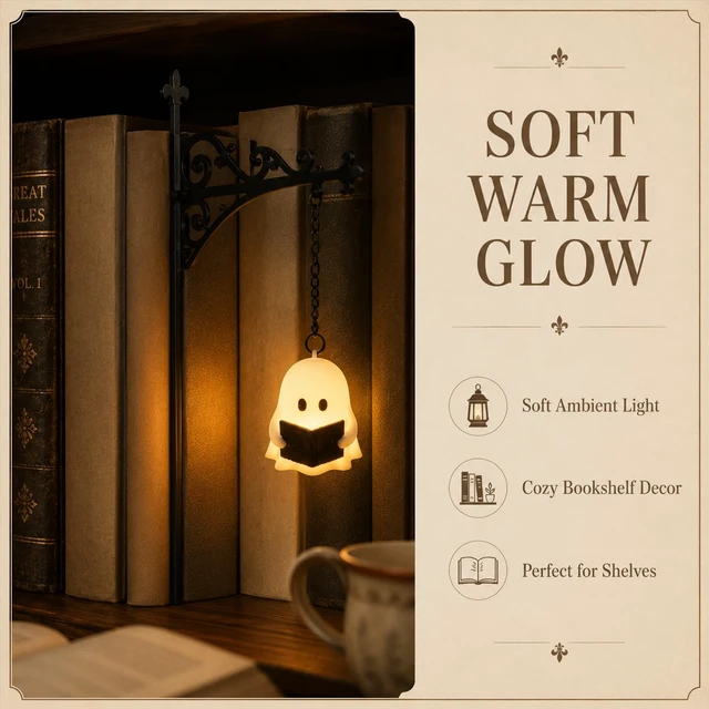 Alt view image 3 of 7 - Ghost Bookshelf LanternLibrary Mini Bookshelf Lamp, Little Cute Lantern-Decorative Library Hanging Resin Lighting, Miniature Halloween Vintage Patchwork Reading Book LED NightlightPumpkin