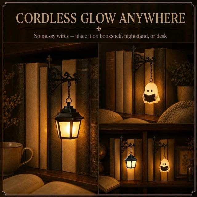 Alt view image 7 of 7 - Ghost Bookshelf LanternLibrary Mini Bookshelf Lamp, Little Cute Lantern-Decorative Library Hanging Resin Lighting, Miniature Halloween Vintage Patchwork Reading Book LED NightlightPumpkin