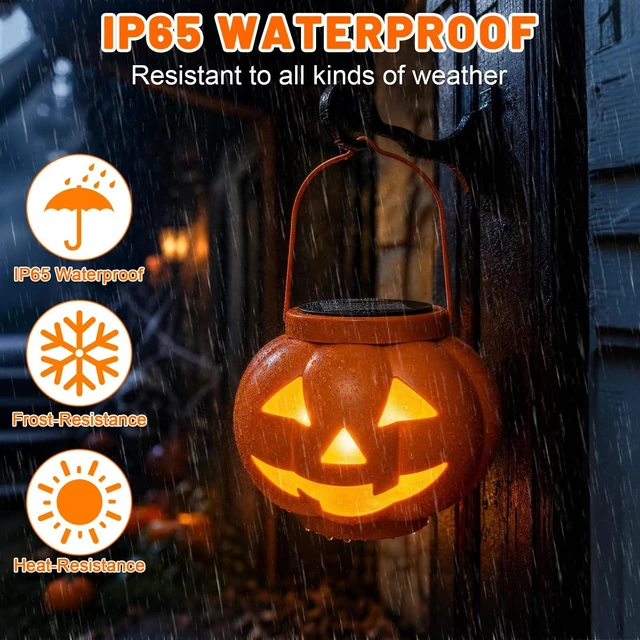 Alt view image 3 of 7 - Halloween Pumpkin Solar Lanterns 2 Pack, Jack O Lantern Pumpkin Lights for Halloween Decorations Outdoor, Weatherproof & Portable Fall Yard Decor (2Pack Warm White)