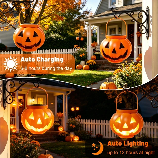 Alt view image 4 of 7 - Halloween Pumpkin Solar Lanterns 2 Pack, Jack O Lantern Pumpkin Lights for Halloween Decorations Outdoor, Weatherproof & Portable Fall Yard Decor (2Pack Warm White)