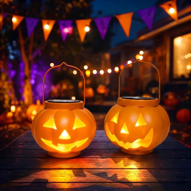 Alt view image 5 of 7 - Halloween Pumpkin Solar Lanterns 2 Pack, Jack O Lantern Pumpkin Lights for Halloween Decorations Outdoor, Weatherproof & Portable Fall Yard Decor (2Pack Warm White)