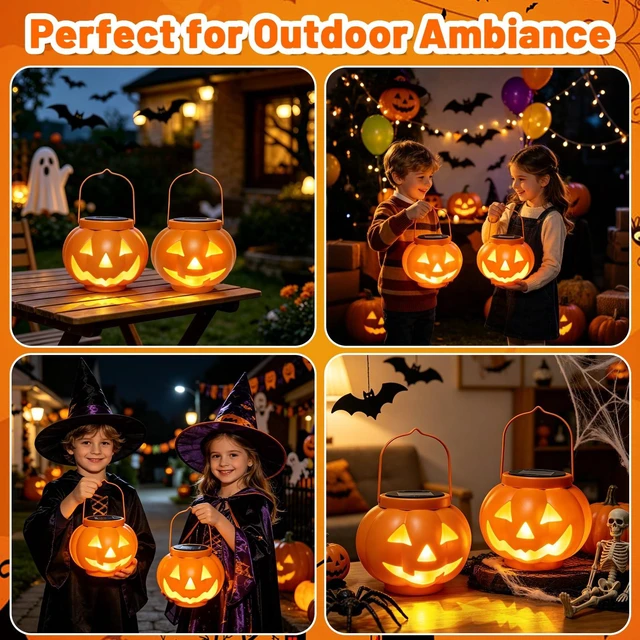 Alt view image 7 of 7 - Halloween Pumpkin Solar Lanterns 2 Pack, Jack O Lantern Pumpkin Lights for Halloween Decorations Outdoor, Weatherproof & Portable Fall Yard Decor (2Pack Warm White)