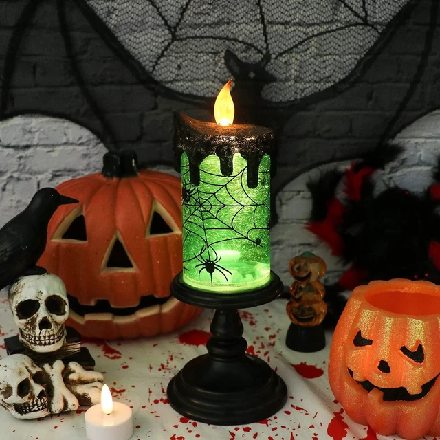 Alt view image 4 of 7 - Spider Halloween Snow Globe Flameless Candle Battery Operated | LED Candle with Timer, Tornado Lamp Spinning Water Glittering, Green Light, Spooky Halloween Indoor Decoration, 4"D x 10"H