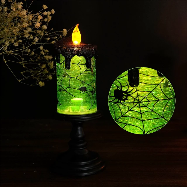 Alt view image 5 of 7 - Spider Halloween Snow Globe Flameless Candle Battery Operated | LED Candle with Timer, Tornado Lamp Spinning Water Glittering, Green Light, Spooky Halloween Indoor Decoration, 4"D x 10"H