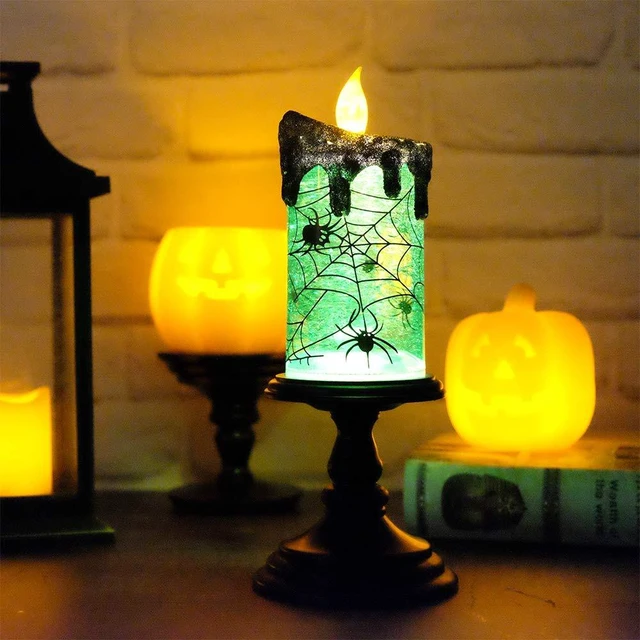 Alt view image 6 of 7 - Spider Halloween Snow Globe Flameless Candle Battery Operated | LED Candle with Timer, Tornado Lamp Spinning Water Glittering, Green Light, Spooky Halloween Indoor Decoration, 4"D x 10"H