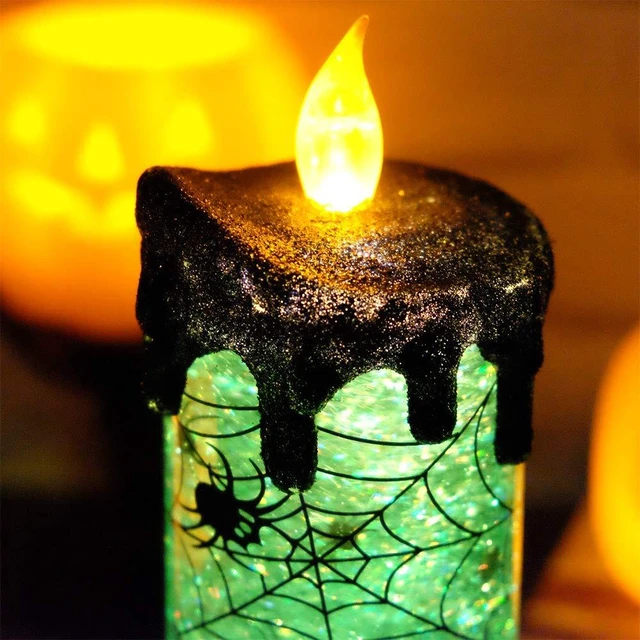 Alt view image 7 of 7 - Spider Halloween Snow Globe Flameless Candle Battery Operated | LED Candle with Timer, Tornado Lamp Spinning Water Glittering, Green Light, Spooky Halloween Indoor Decoration, 4"D x 10"H