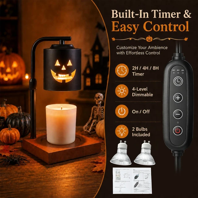 Alt view image 3 of 7 - Halloween Candle Warmer Lamp with Timer, Adjustable Height Dimmable | Jack O Lanterns Pumpkin Lamp for Jar Candles, Electric Warming Light, Flameless Home Decor Wax Melter Lamps, Birthday Gifts