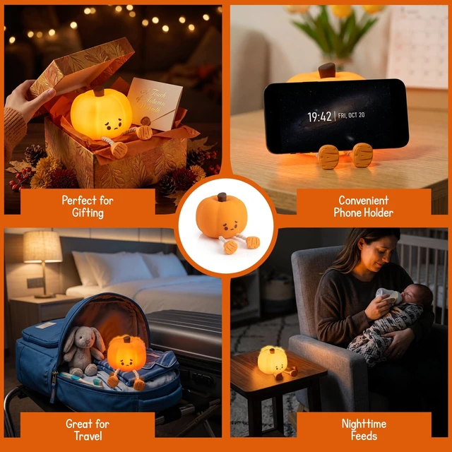 Alt view image 2 of 7 - Pumpkin Night Light, Cute Silicone Lamp Dimmable Nightlight Rechargeable Lamp, Squishy Stress Relief Toy, 3 Brightness 30 Min Timer, Halloween Decor Office Desk Home Decorations