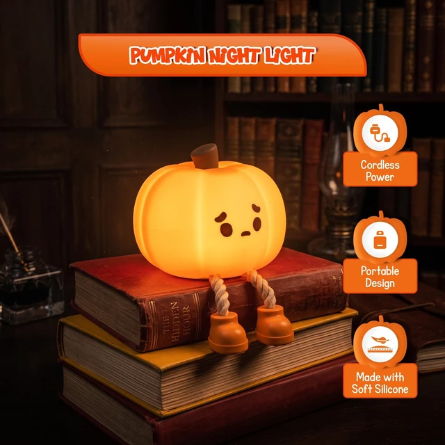 Alt view image 3 of 7 - Pumpkin Night Light, Cute Silicone Lamp Dimmable Nightlight Rechargeable Lamp, Squishy Stress Relief Toy, 3 Brightness 30 Min Timer, Halloween Decor Office Desk Home Decorations